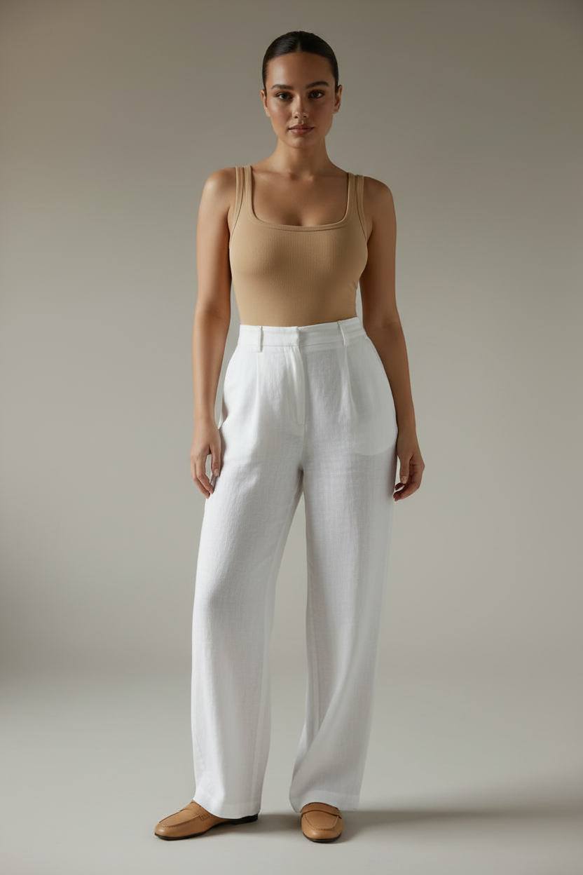 White Linen Trousers & Tan Loafers